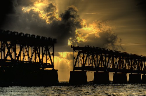 Sunset, Historic Bahia Honda Railroad Bridge, Florida Keys by Thad Roan - Bridgepix, The Bahia Honda Rail Bridge is a derelict railroad bridge in the lower Florida Keys connecting Bahia