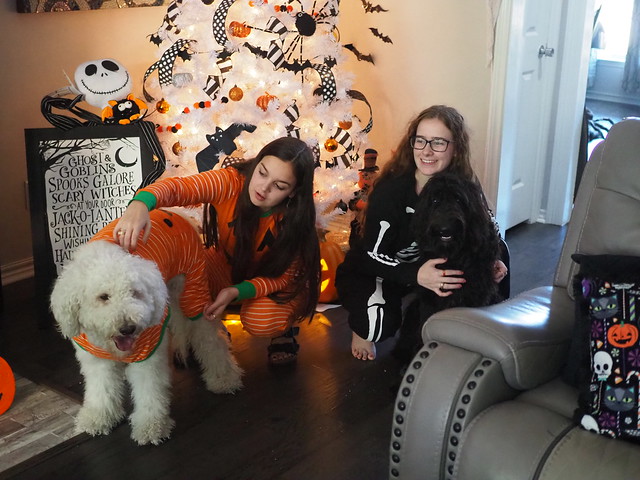 Madeline & Emily w Dogs in Halloween Pajama Photoshoot