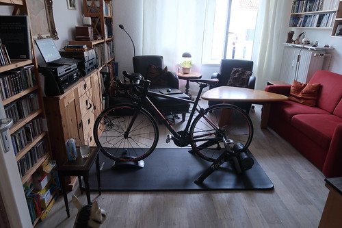 Rennrad mit Rollentrainer (im Wohnzimmer aufgebaut)