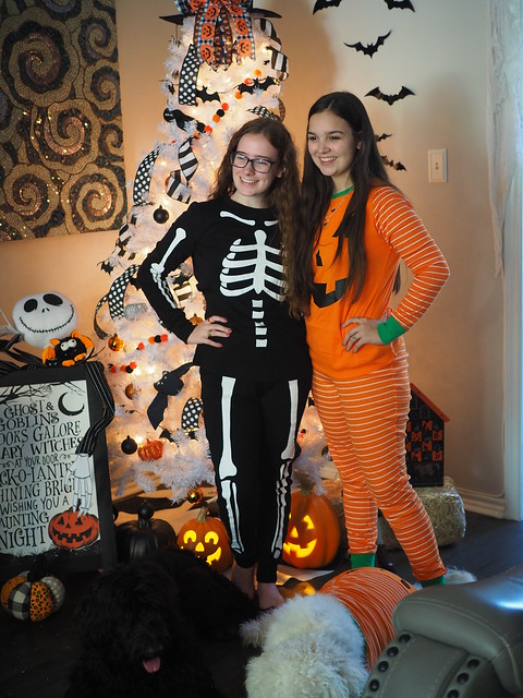 Madeline & Emily w Dogs in Halloween Pajama Photoshoot