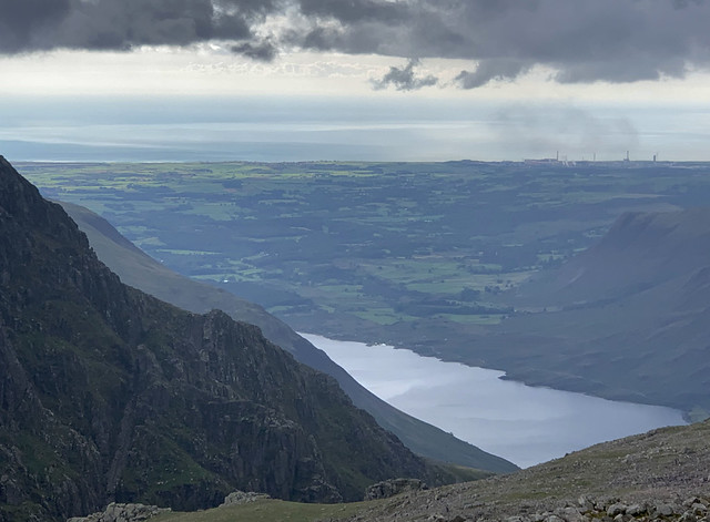 Scafell Pike - up on top. Wast Water and the coast with Sellafield in the distance.