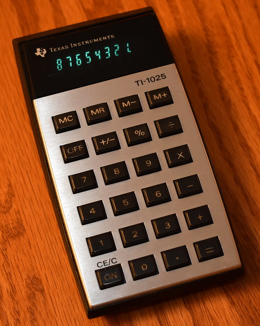 Vintage Texas Instruments Electronic Pocket Calculator, Model TI-1025, Assembled In USA, Circa 1977