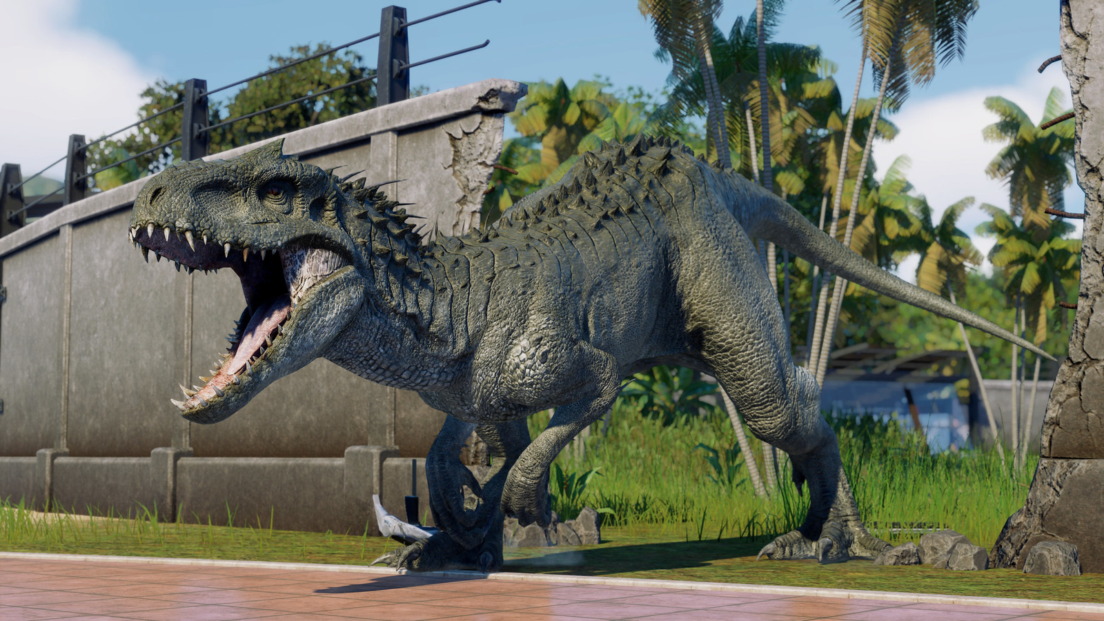 Jurassic World Evolution 2 - A T. rex hunts her prey, completely unaware  that a rival has broken through a recently opened gap in the fence. Chaos  is sure to ensue in