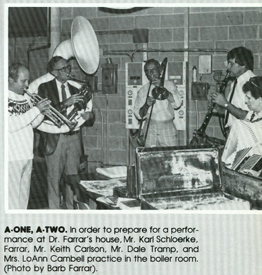 1985 Spirit page 3 caption - A-ONE, A-TWO In order to prepare for a performance at Dr Farrar house scan