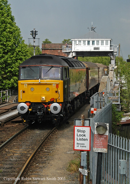 EWS Ex-BR Class 47 No 47798 'Prince William' crosses Selby Swing Bridge approaching Selby Station with a Northern Belle Lunchtime Special heading from Hull to York on 30th April 2003