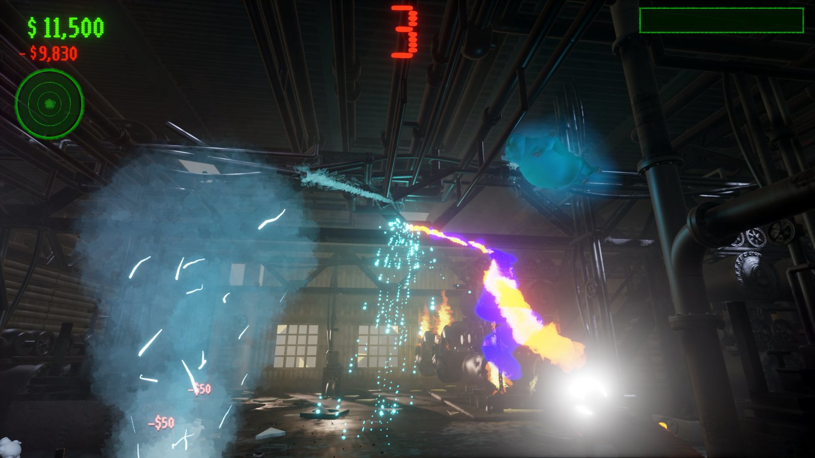Снимок экрана, на котором игрок разрушает окружение в игре «Охотники за привидениями: Наследники» в «Грёзах» с помощью сине-жёлтого протонного луча.