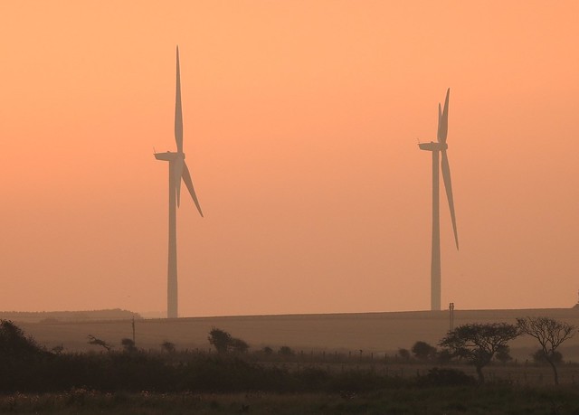 Pair of Wind Turbines at Rest - Dusk at Cresswell