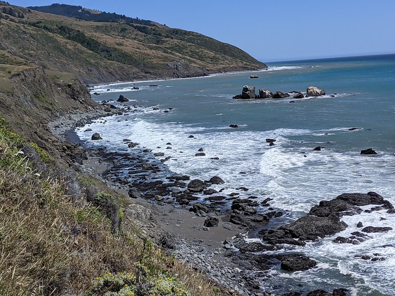 Sea Lion Gulch on the left with the Sea Lion Rocks right of center, from the Lost Coast Trail
