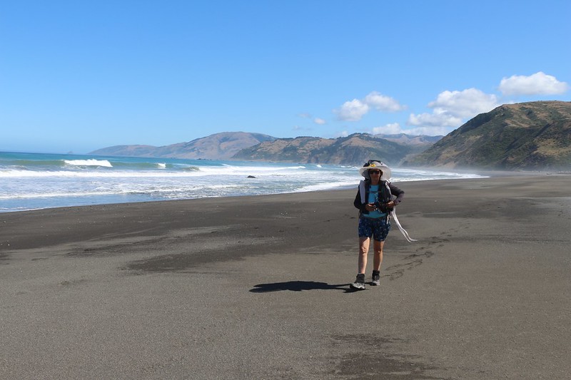 Hiking the beach on the Lost Coast Trail with Cape Mendocino on the far left and Mattole Beach on the right