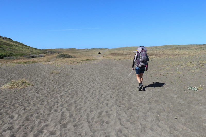 The Lost Coast Trail, southbound, begins on soft sand just east of the primary dune at Mattole Beach - slogging!