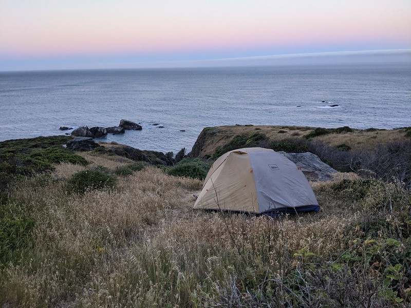 Our tent in the morning at Sea Lion Gulch on the Lost Coast Trail