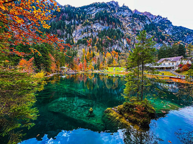 Colorful lake Blausee in Autumn