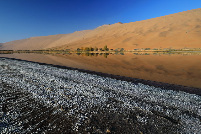 Sumu Jaran Lake's western megadune-mirroring water-Badain Jaran Desert. Inner Mongolia-China-1200
