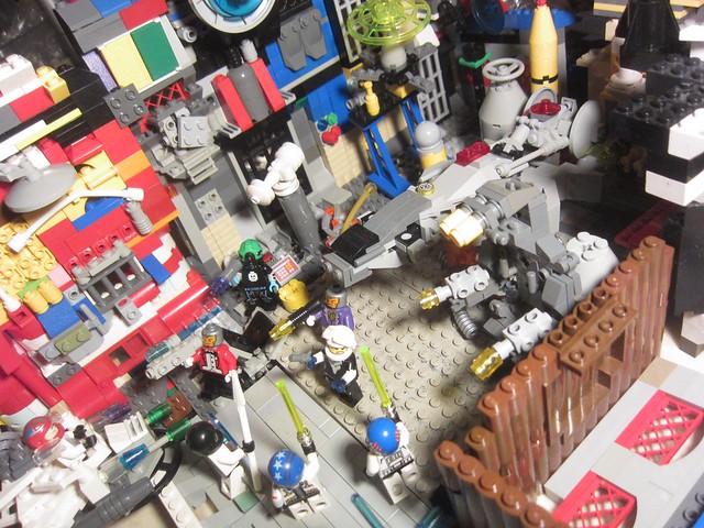 Classic Space: Galactic police make an arrest down the lower scum-level in the hive mega-city capital an garage at a dead end producing illegal drones and war-bots (AFOL Vignette Sci-fi LEGO MOC scene) IMG_0003 (1)