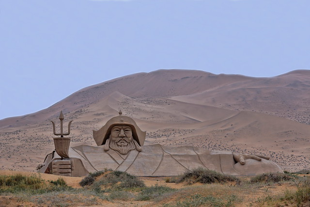 Huge sculpture of Genghis-Chinggis Khan next to Badain East Lake. Badain Jaran Desert-Inner Mongolia-China-1051