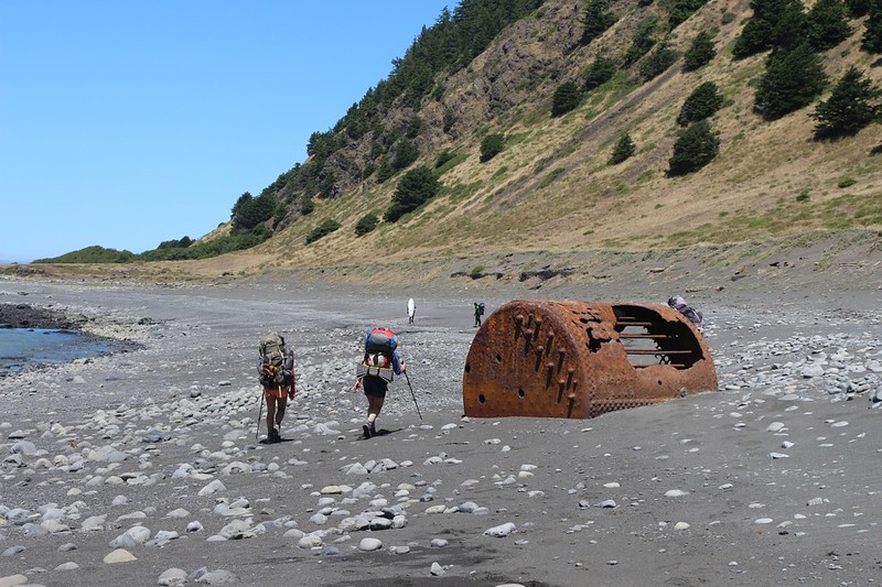 We met other hikers heading north, into the wind, near a big rusted boiler from a shipwreck, on the Lost Coast Trail