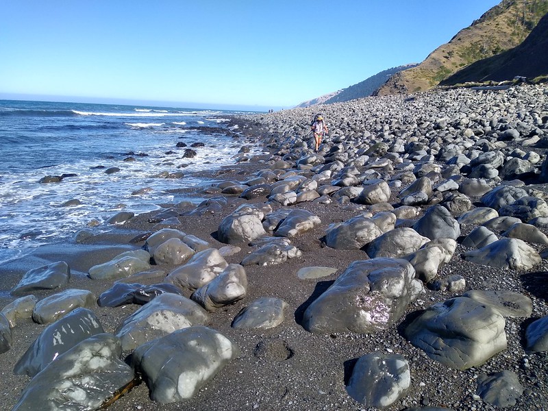 Even at low tide it's tricky to walk the talus-like beach south of Big Creek on the Lost Coast Trail