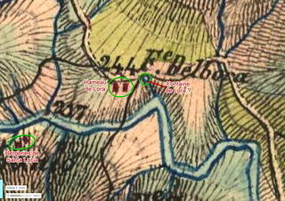 Carte d'Etat-Major 1820-1866 du secteur de Lora avec la localisation du hameau et d'une source à proximité de la piste actuelle (fontaine de Lora ?)