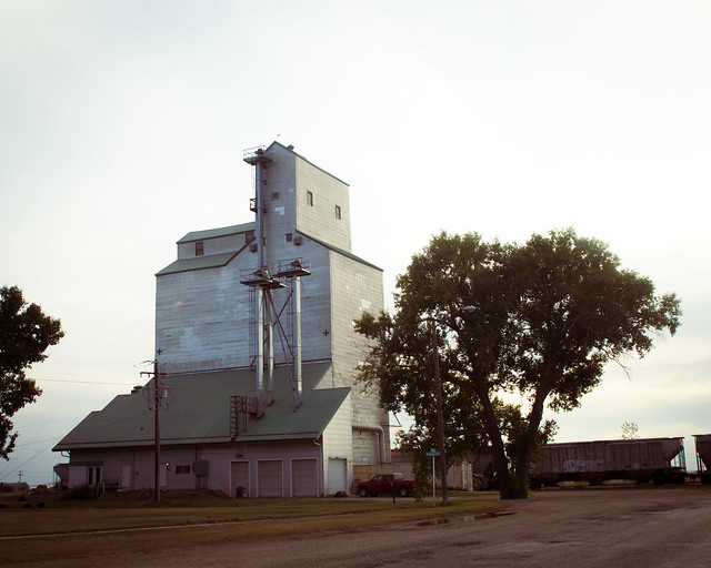 the loreburn grain elevator exists in harmony with the prairie flora