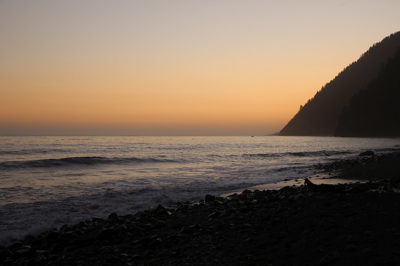 Sunset light looking north from the Buck Creek campground on the Lost Coast Trail