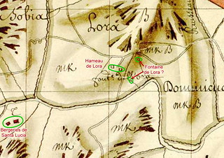 Plan Terrier avec le secteur de Lora, la localisation du hameau et les deux sources indiquées