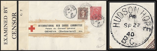 British Columbia / B.C. Postal History / World War II Censored - 27 September 1940 - HUDSON HOPE, B.C. (cds cancel / postmark) to International Red Cross, Geneva, Switzerland