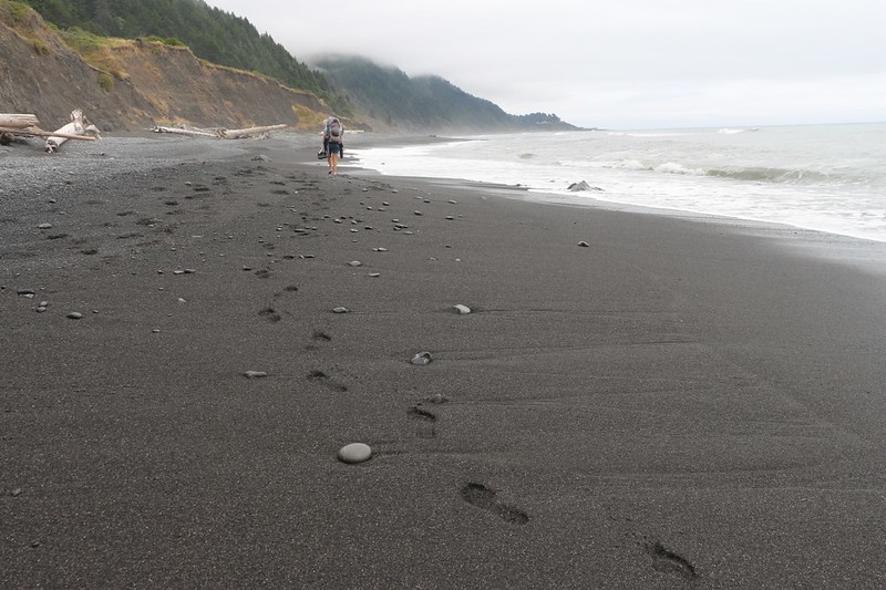 Vicki walking barefoot in the soft wet sand on the Lost Coast Trail