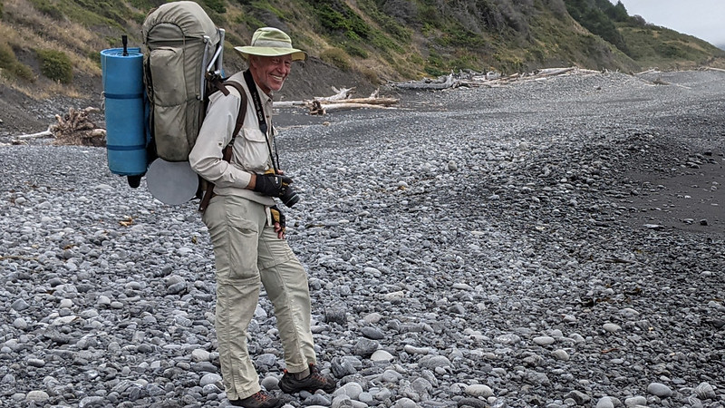 Me and my big old backpack and ever-present DSLR, hiking south across the Tidal Flat on the Lost Coast Trail