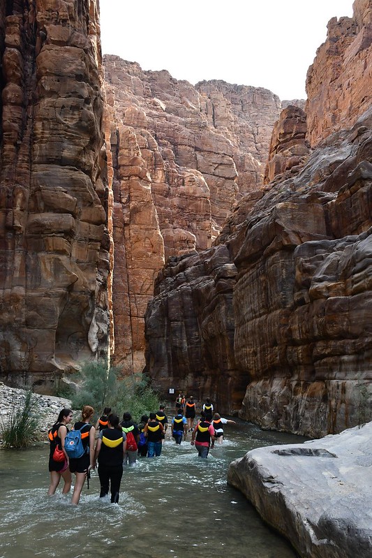 Group of students trudging through the clear river water of a canyon.