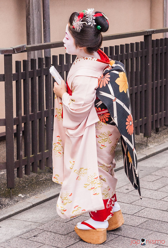 Maiko Mametomi con un kimono hikifurisode en Gion