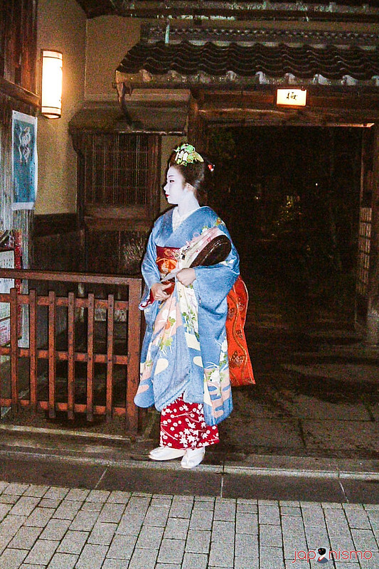 Maiko Kogiku con un kimono de patrones vistosos