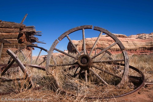 Old wagon wheels at Kirk Cabin, Needles District, Canyonlands National Park, Utah