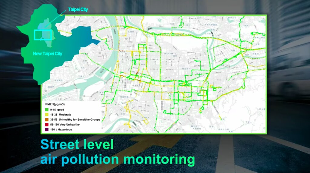 使用者可以從手機上直接看到各街道空氣污染的情況。圖片擷取自台達台北市街道即時空污地圖。