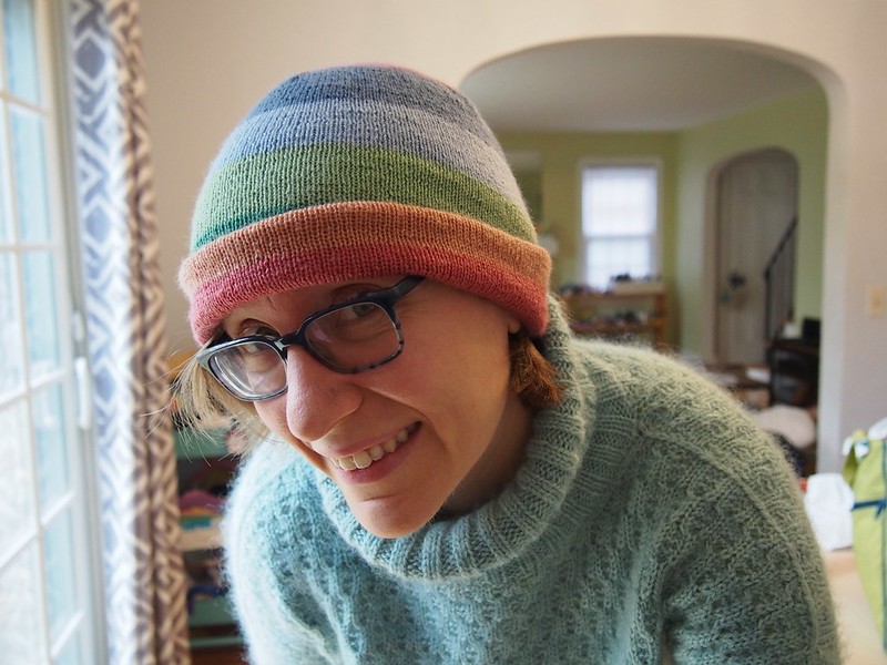 Musselburgh Hat in Gauge Dyeworks Shawl "White Light" (wide stripes side)