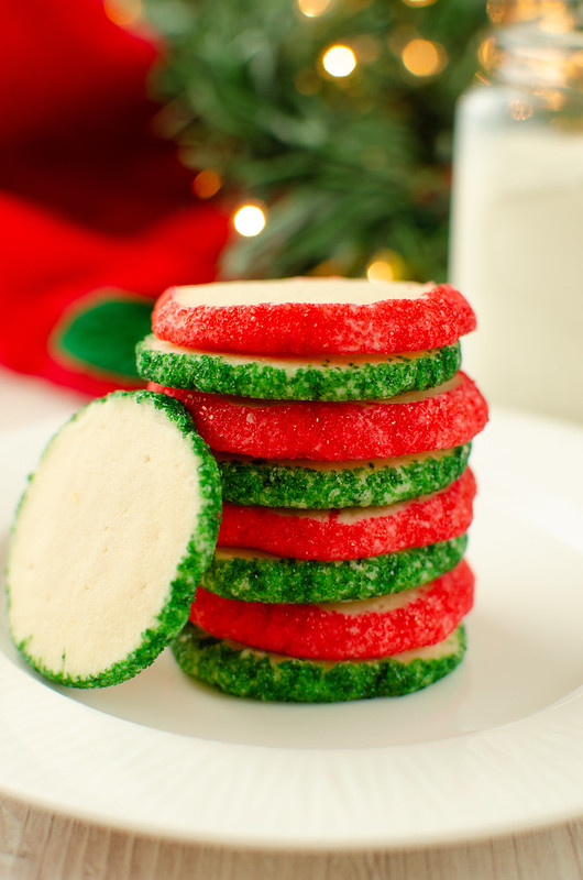Stack of shortbread cookies with green and red sprinkles
