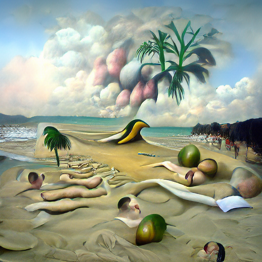 'a surrealist painting of a tropical beach' Multi-Perceptor VQGAN+CLIP Text-to-Image