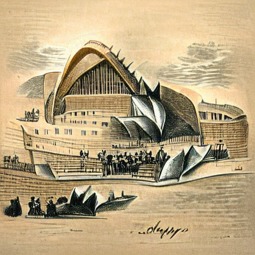 'a midnineteenth century engraving of the Sydney Opera House' Multi-Perceptor VQGAN+CLIP Text-to-Image