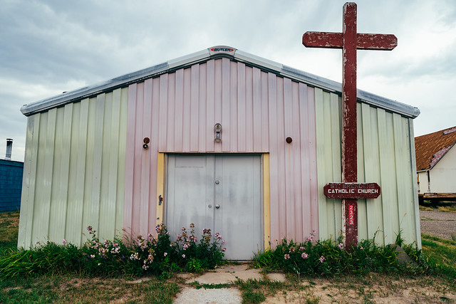Jeffrey City, Wyoming - August 5, 2021: The small catholic church in a prefabricated building in the ghost town and former Uranium boomtown