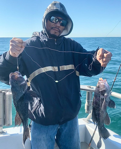 Photo of man on a boat holding two black sea bass