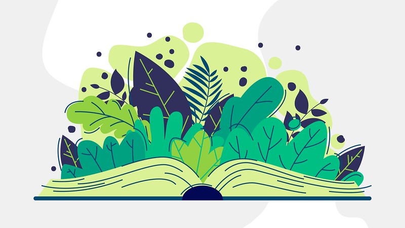 Graphic of a book with a forest emerging from the pages
