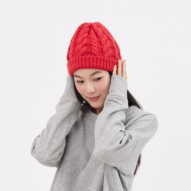 棉．麻 帽子 紅色 - Merry 麻花針織保暖毛帽/ 紅