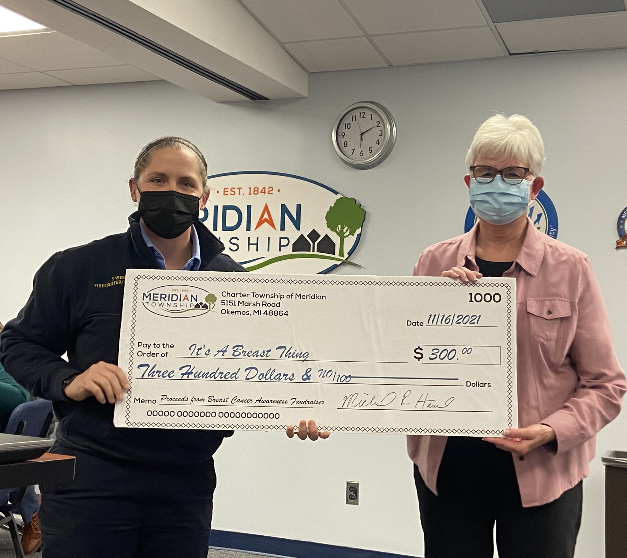 Meridian Township Fire Department Awards $300 To 'It's A Breast Thing' Charity