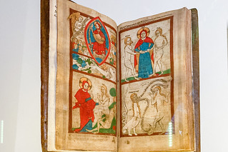Mittelalterliches Evangeliar: Vertreibung aus dem Paradies, weiblicher Teufel, sündige Eva