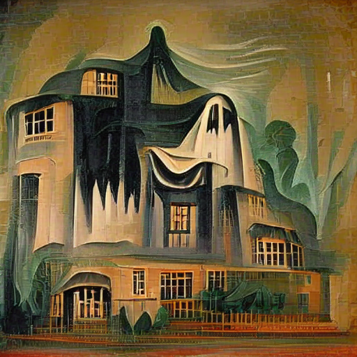 'an art deco painting of a haunted house by Mary Cameron' Hypertron Text-to-Image