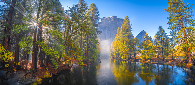 Yosemite Fall Reflections Merced River Mists Yosemite Autumn Colors Red Yellow Orange Green Leaves Fuji GFX100! Yosemite National Park California Autumn Colors Fall Foliage Fine Art Landscape Nature Photography! Elliot McGucken Master Luxury Fine Art