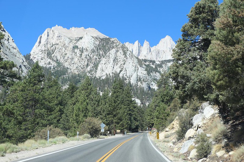 Mount Whitney towers above Whitney Portal as I drive up to the trailhead parking on Whitney Portal Road