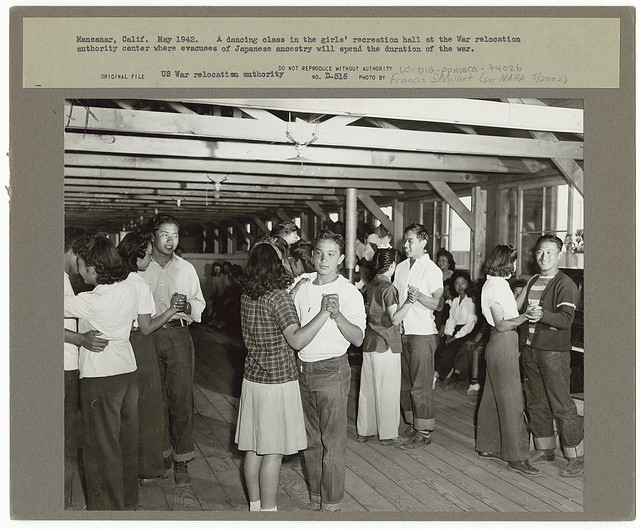 Manzanar, Calif. May 1942. A dancing class in the girls' recreation hall at the War Relocation Authority center where evacuees of Japanese ancestry will spend the duration of the war (LOC)