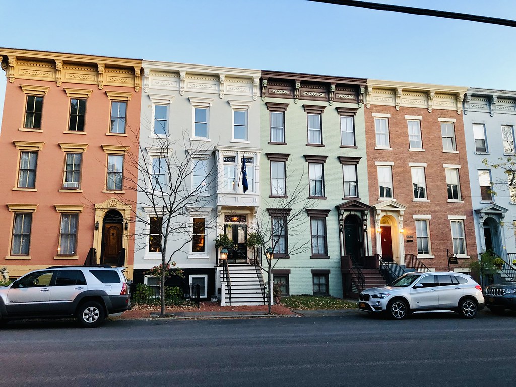 Apartment Blocks in Hudson, New York.  Built c. 1865 using the Italianate Style. Contributing Buildings to the NRHP District.