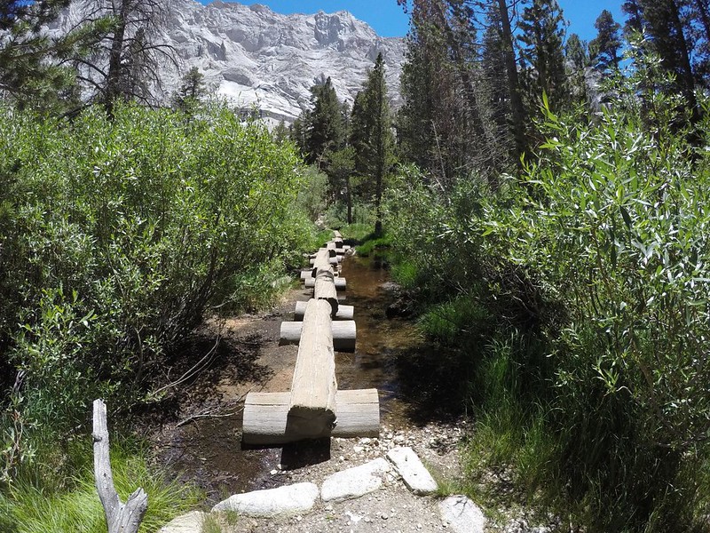 Looking back at the log walk over Lone Pine Creek on the Mount Whitney Trail