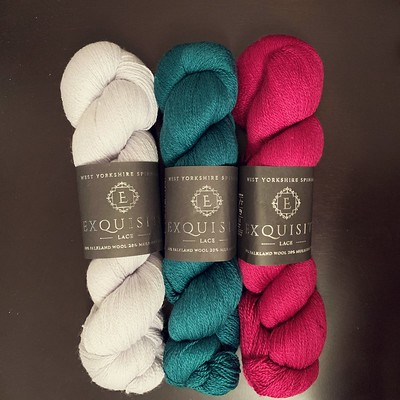 If you have been looking for a lace weight yarn, look no farther than West Yorkshire Spinners Exquisite Lace. It is 875 yards of 80% Falkland Wool and 20% Mulberry Silk with a fine micron and beautiful sheen!